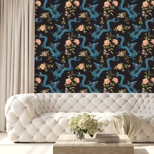 Tapete Blaue Drachen und Blumen im orientalischen Stil