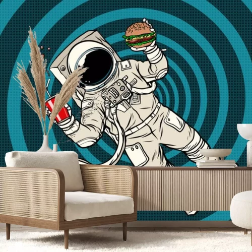 Sticker Astronaut im Raumanzug beim Essen eines Burgers