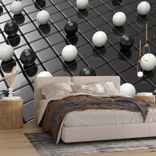 Fototapete Kugeln schwarz weiß auf dem Boden