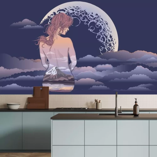 Sticker Ein romantisches Mädchen sitzt auf dem Hintergrund des Mondes. Body Art Mädchen, Körper mit Landschaft gemalt. Romantisches Mädchen auf dem Hintergrund des Mondes und des Sternhimmeltätowierungs- und 