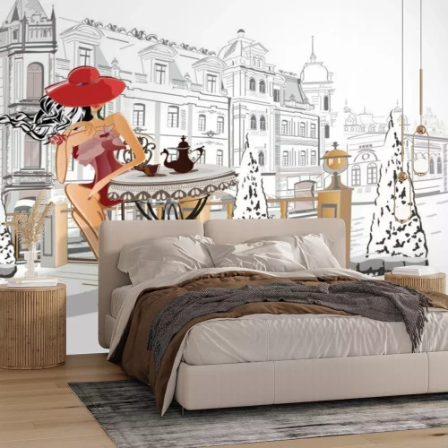 Sticker Arbeiten Sie Leute im Straßencafé in der alten Stadt um. Hand gezeichnete vektorabbildung.