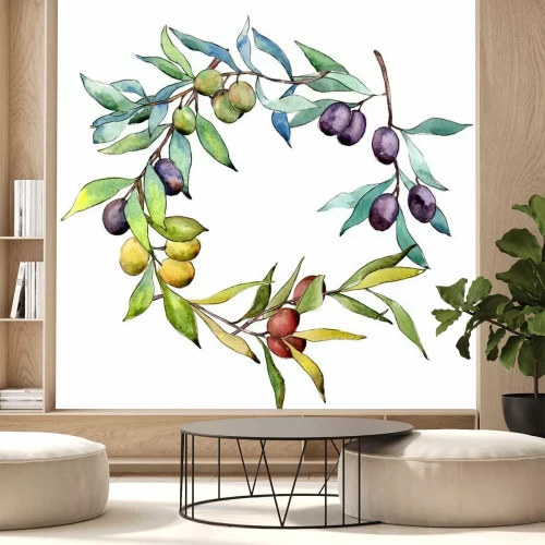 Sticker Olivenbaum-Kranz in einer Aquarellart. Vollständiger Name der Pflanze: Zweige eines Olivenbaumes. Olivenbaum des Aquarells für Hintergrund, Beschaffenheit, Verpackungsmuster, Rahmen oder Grenze.