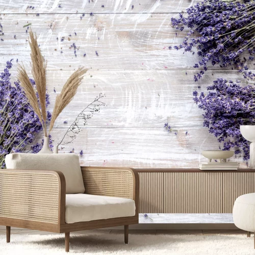 Fototapete Lavendel auf den Brettern
