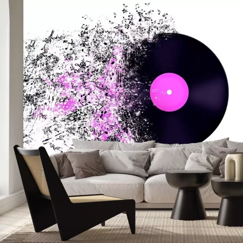 Sticker Schallplatte, die sich in Noten zerstreut