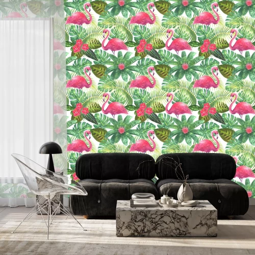 Tapete Grün-rosa Motiv mit Blumen und Flamingos