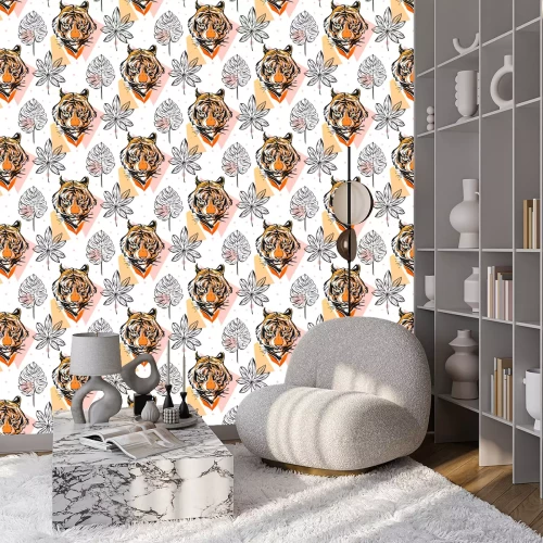 Tapete Übergeben Sie gezogenes abstraktes kreatives nahtloses Muster der Vektor mit Tigergesichtsillustration und tropischen exotischen Palmblättern in den Pastellfarben, die auf weißem Hintergrund lokalisie