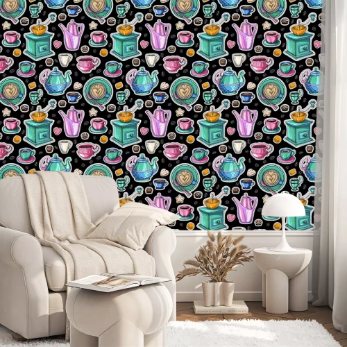 Tapete Kaffee, Desserts, Tee, Frühstück, Kuchen, Donut. Becher, Tasse, Kaffeemühle.