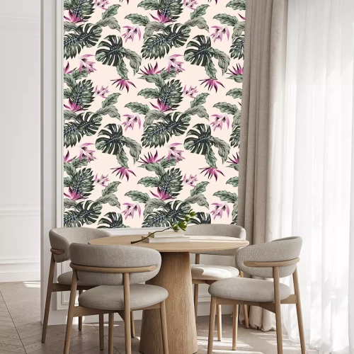 Tapete Exotische Blätter mit rosa Blütenstand