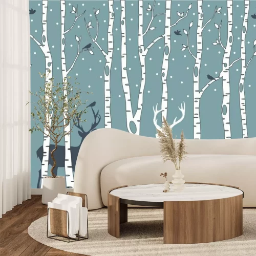 Sticker Birken mit Rehen, Vektor-Hintergrund