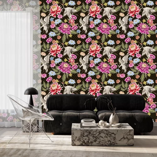 Tapete Kraniche und exotische japanische Blumen