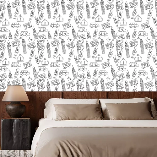 Tapete Bewachung Big Ben Doppel Decker Bus Krone London Vereinigtes Königreich Muster Bild Vektor Illustration Design schwarz skizzieren Linie
