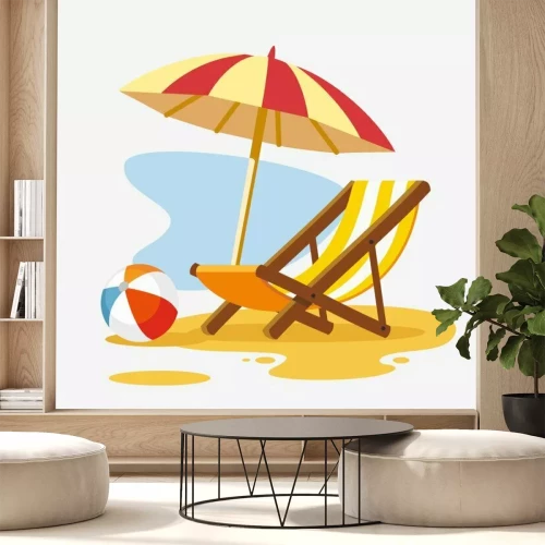 Sticker Sonnenschirm und Sonnenliege am Strand.