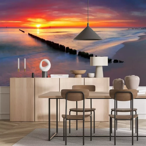 Fototapete Orangefarbener Sonnenuntergang am polnischen Meer