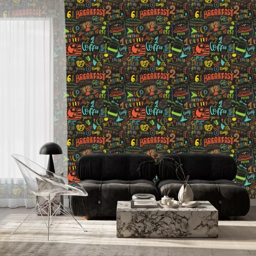 Tapete Muster-Designschablone des bunten Frühstücks nahtlose. Moderne Beschriftung mit Skizzenikonen des Lebensmittels auf Tafelhintergrund. Restaurant, Café Identität Vorlage.