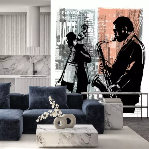 Sticker Zwei Jazzmusiker vor dem Hintergrund der Wolkenkratzer