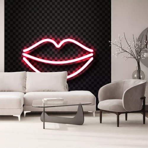 Sticker Vector realistische lokalisierte erotische Lippen Neonzeichen für Dekoration und die Abdeckung auf dem transparenten Hintergrund. Konzept des erotischen Show- und Nachtclubs.