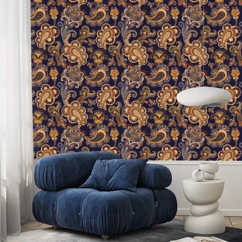 Tapete Beige blaue orientalische Blumen und Blätter