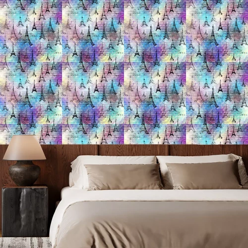 Tapete Nahtlose Hintergrundmuster. Nachahmung einer Weinleseeinklebebuchcollage mit einem Paris-Schriftzug.