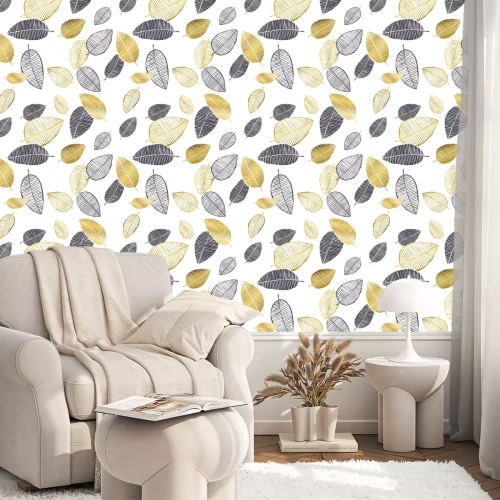 Tapete Vector nahtloses Muster mit Hand gezeichneten goldenen, schwarzen, weißen Aquarell- und Tintenblättern. Trendiges skandinavisches Design