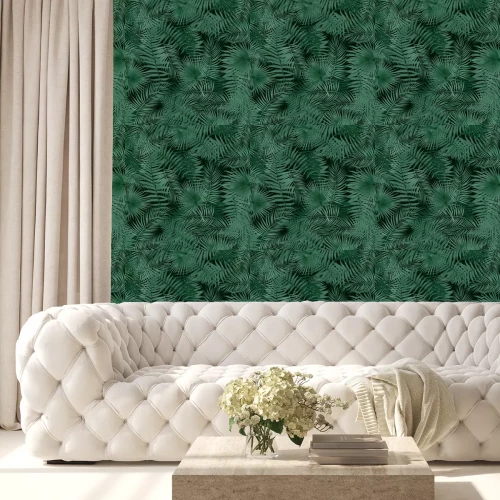 Tapete Zarte tropische Blätter auf schwarzem Hintergrund