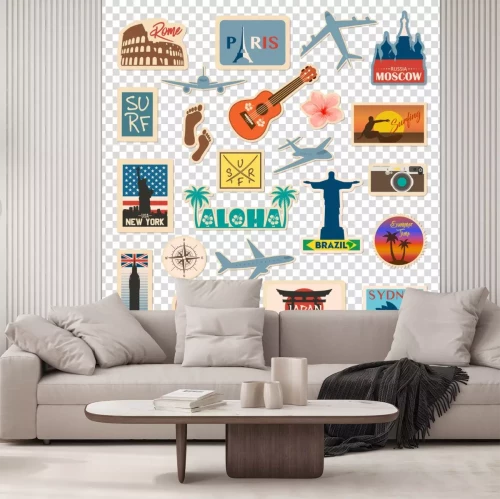 Sticker Vector Reiseaufkleber- und -aufklebersatz mit berühmten Ländern, Städten, Monumenten, Flaggen und Symbolen in der Retro- oder Weinleseart. Umfasst Italien, Frankreich, Russland, USA, England, Indien, 