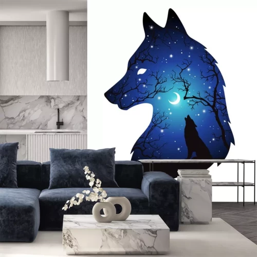 Sticker Wolfskopf im Profil und Sichelmond