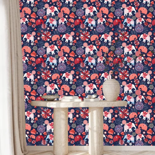 Tapete Kreisen Sie Elefanten und Blumen in Rottönen ein