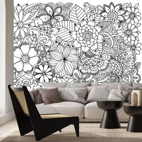 Sticker Schwarz-weiße Blumen mit einem Stift gezeichnet