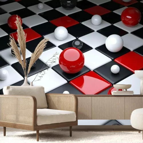 Fototapete Kugeln 3D auf Schachbrett