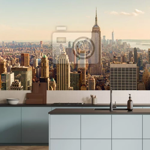 Fototapete Manhattan Midtown Skyline mit beleuchteten Wolkenkratzern bei Sonnenuntergang. NYC, USA