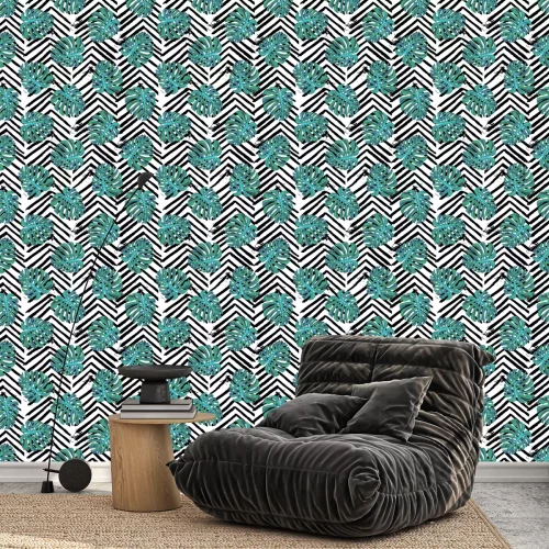 Tapete Monstera auf schwarzen Streifen