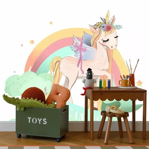 Sticker Schönes, träumendes Einhorn mit Blumenkranz (Blumenblumenstrauß) und Flügeln. Regenbogen, bunte Wolken, Blumen und Sterne. Mint farbiges Band mit Zitat