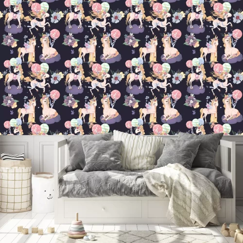 Tapete Einhörner und bunte Luftballons