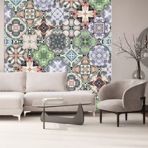 Sticker Abstrakte Muster im Mosaiksatz. Quadratische Fetzen im orientalischen Stil. Vektor-Illustration. Ideal zum Bedrucken von Stoff oder Papier.