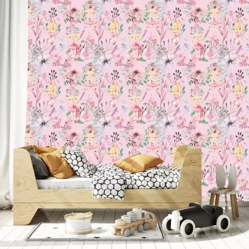 Tapete Nahtloses mit Blumenmuster des schönen Aquarells mit netten Ballettmädchen, Ballerinen. Abstrakte Rosen, Pfingstrose, Flieder und Zweige auf rosa Hintergrund