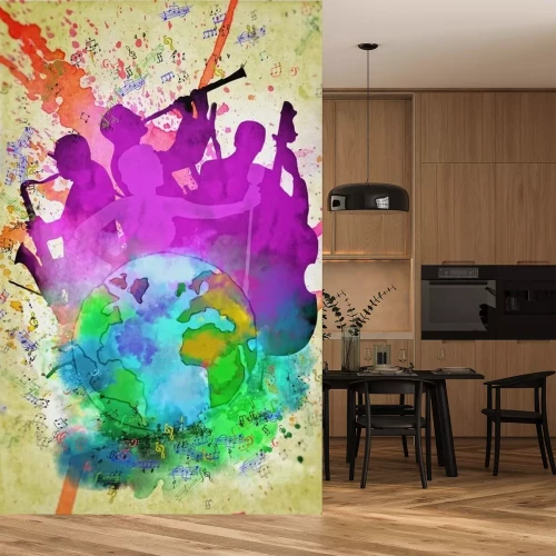 Sticker Erde umgeben von Noten und Musikern