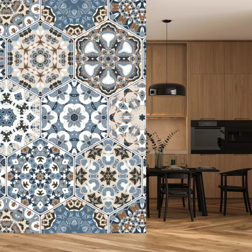 Sticker Nahtlose sechseckige Mosaikfliesen im Vektorsatz. Orientalische und ethnische Motive in Designmustern.