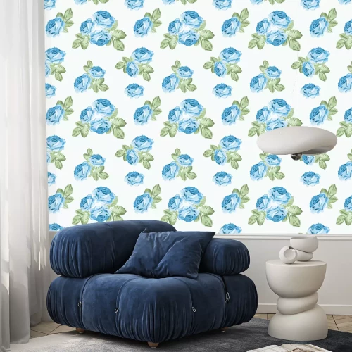 Tapete Shabby Chic blaue Blumen mit Blättern