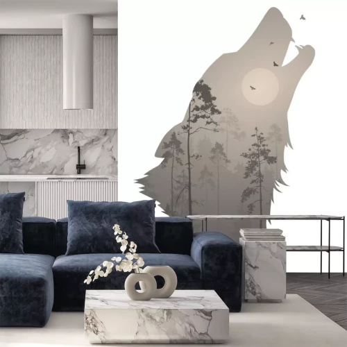 Sticker Mond anheulender Wolf und fliegende Vögel