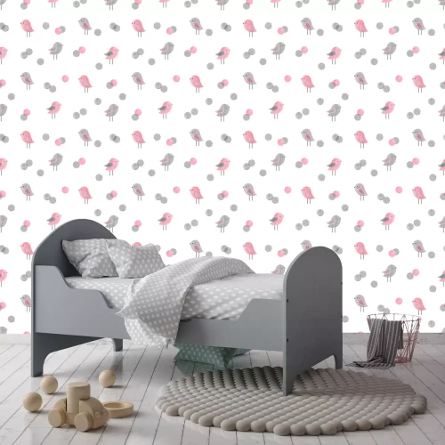 Tapete Kleine grau-rosa Vögel auf weißem Hintergrund