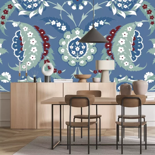 Fototapete Orientalische Blumen auf blauem Hintergrund