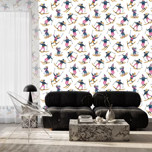 Tapete Vektor Winter Illustration der Skifahrer. Sportkinder im Skigebiet. Trendiges skandinavisches Design. Nahtloses Muster auf dem weißen Hintergrund.