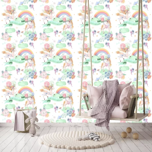 Tapete Pastell Einhörner mit Regenbogen und Wolken
