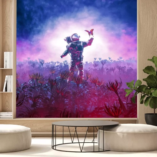 Sticker Astronaut spielt mit einem Schmetterling Grafik