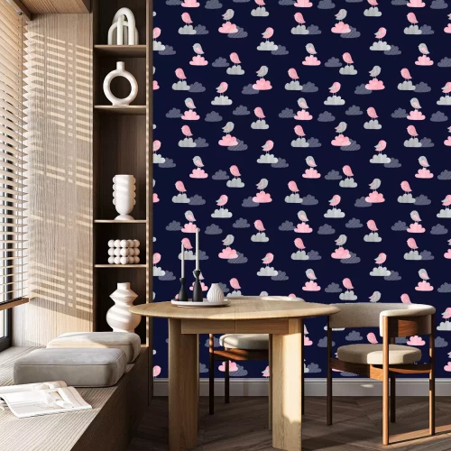 Tapete Rosa Vögel und Wolken am Nachthimmel