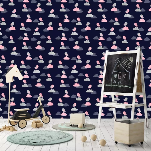 Tapete Rosa Vögel und Wolken am Nachthimmel