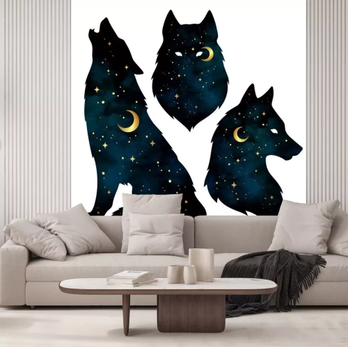 Sticker Blauer Wolf mit Sternen am Nachthimmel gefüllt