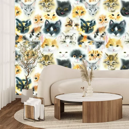 Sticker Nahtloses Muster mit Katzen. Gezeichnete Illustration des Aquarells Hand