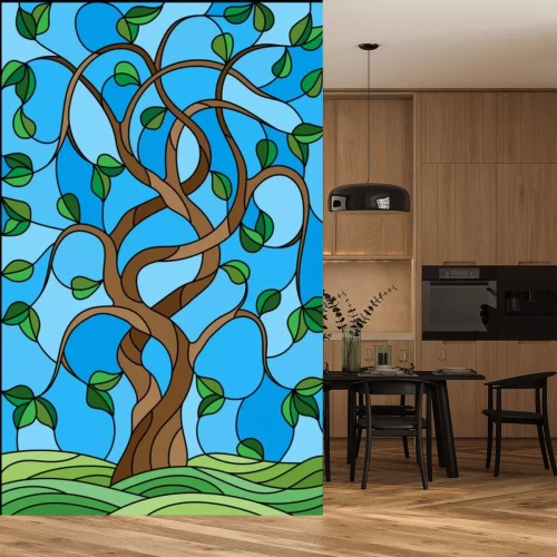 Sticker Illustration in der Buntglasart mit verdrehtem grünem Baum auf Himmelhintergrund