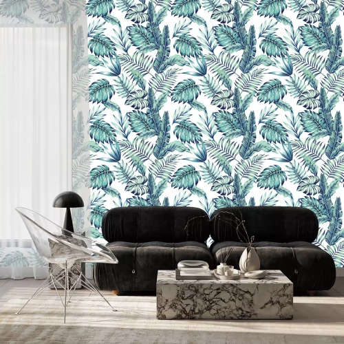 Tapete Blaue Blätter aus dem Dschungel